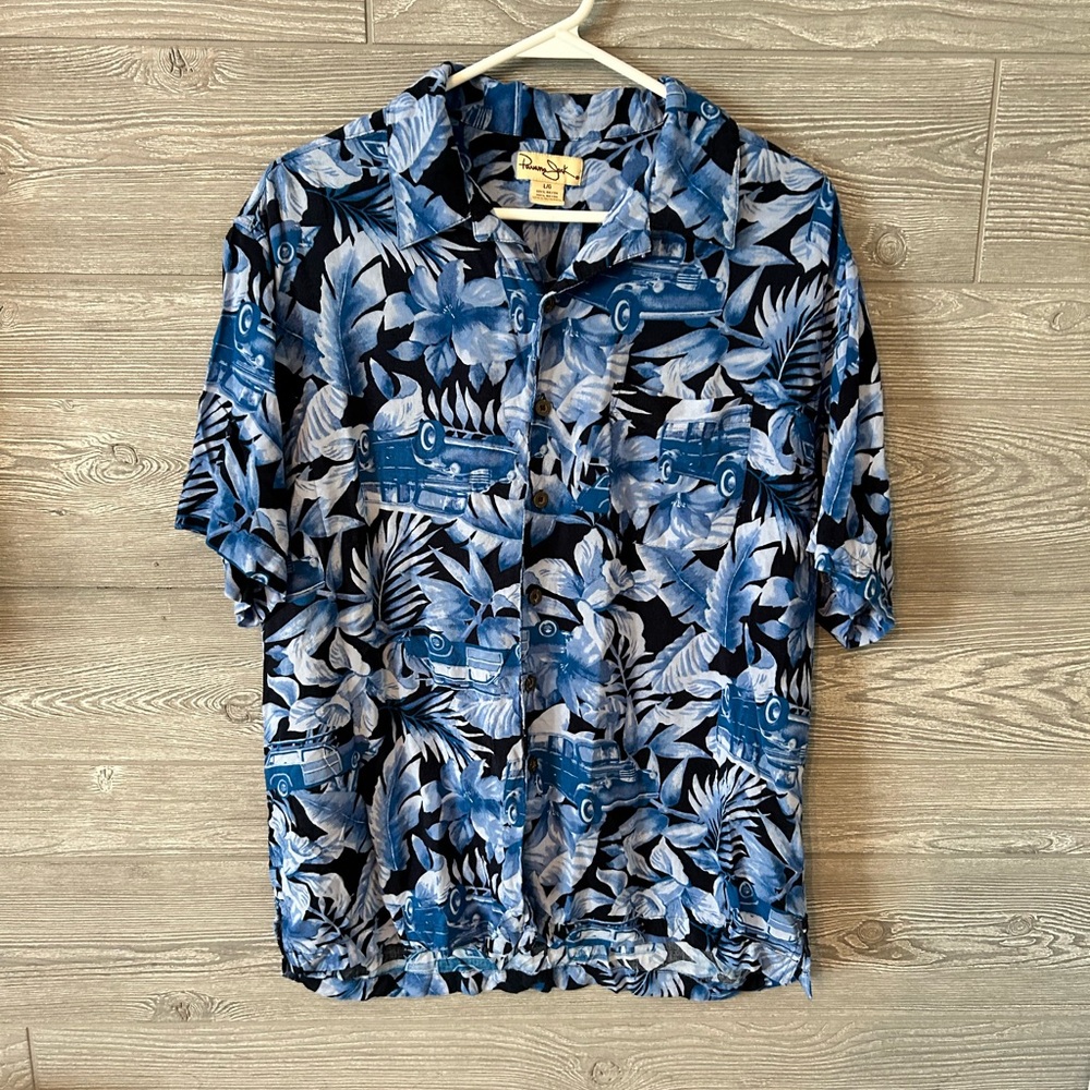 Panama Jack Mens Button Up Shirt Tropical Blue Car Leaf Print‎ Short Sleeve L G